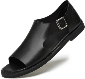 Men's Genuine Leather Cutout Water Shoes Slip On Flat Comfortable Open Toe Outdoor Casual Beach Light Weight Fisherman Sandals