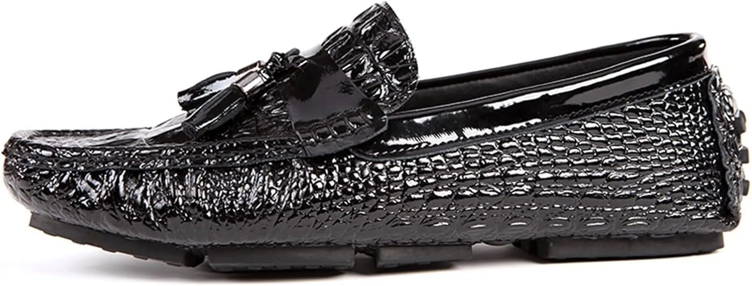 Men's Genuine Leather Loafers with Tassel, Round Toe, Faux Crocodile Grain, Slip-Resistant, Flexible, Comfortable Fashion Slip-Ons