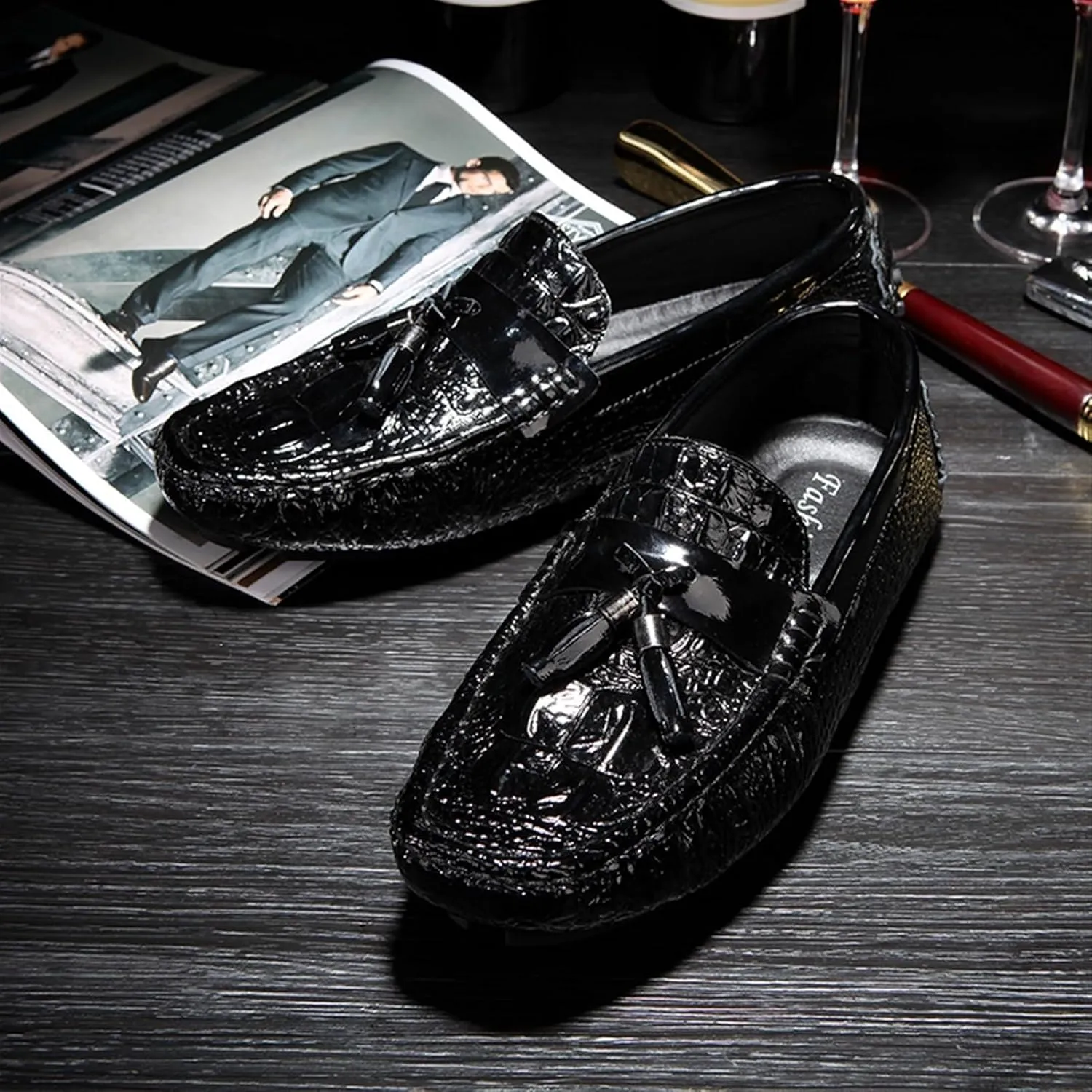Men's Genuine Leather Loafers with Tassel, Round Toe, Faux Crocodile Grain, Slip-Resistant, Flexible, Comfortable Fashion Slip-Ons