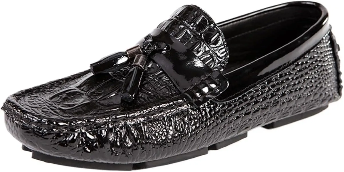 Men's Genuine Leather Loafers with Tassel, Round Toe, Faux Crocodile Grain, Slip-Resistant, Flexible, Comfortable Fashion Slip-Ons