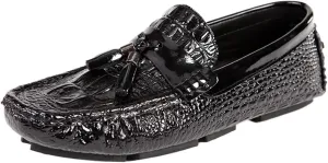 Men's Genuine Leather Loafers with Tassel, Round Toe, Faux Crocodile Grain, Slip-Resistant, Flexible, Comfortable Fashion Slip-Ons