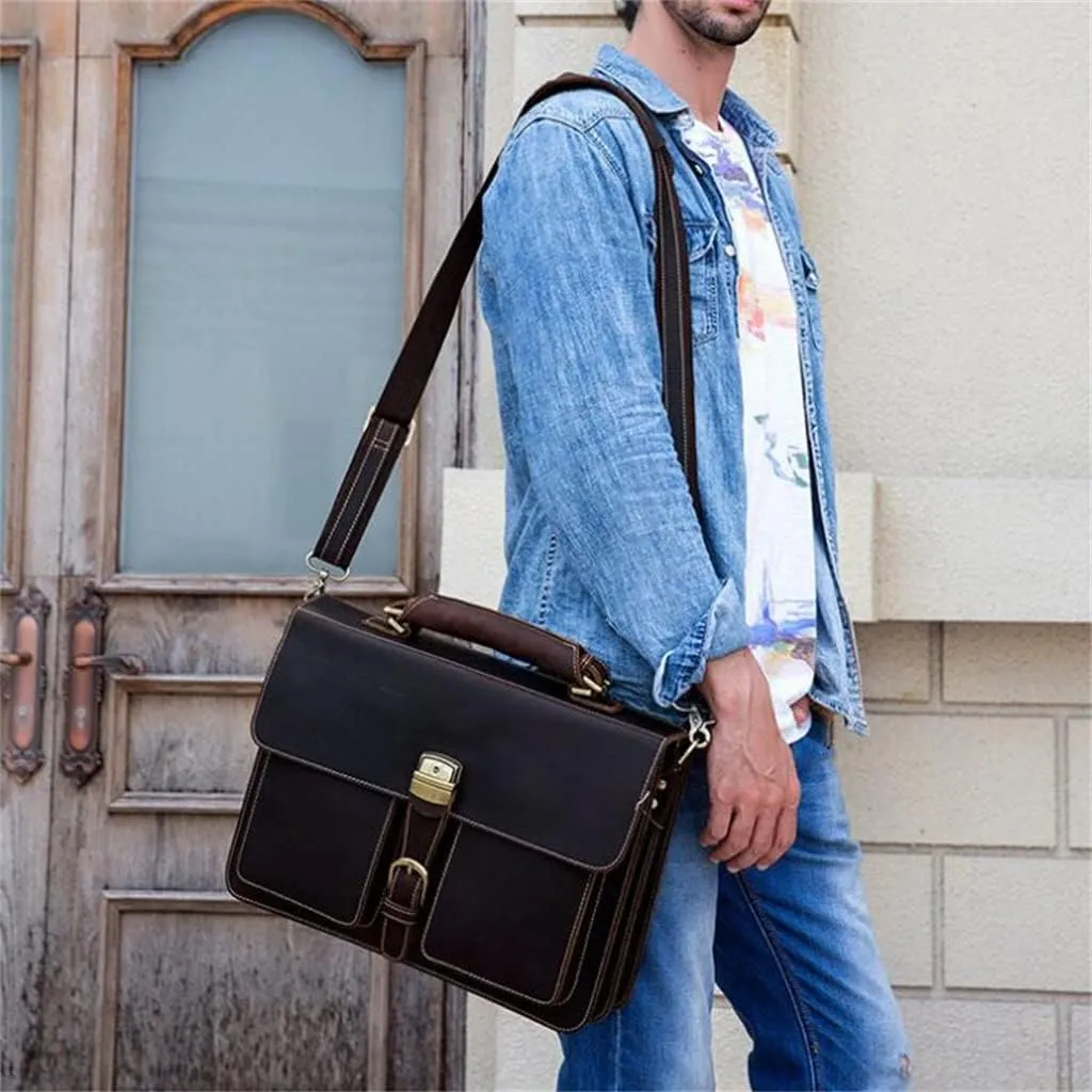 Men's Leather Briefcase Europe and The United States Retro Handbag Compartment Shoulder Bag(E)