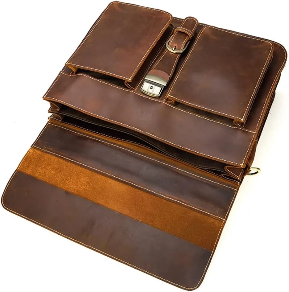 Men's Leather Briefcase Europe and The United States Retro Handbag Compartment Shoulder Bag(E)