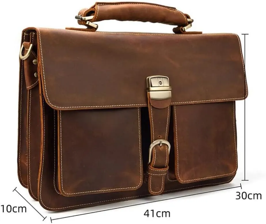 Men's Leather Briefcase Europe and The United States Retro Handbag Compartment Shoulder Bag(E)