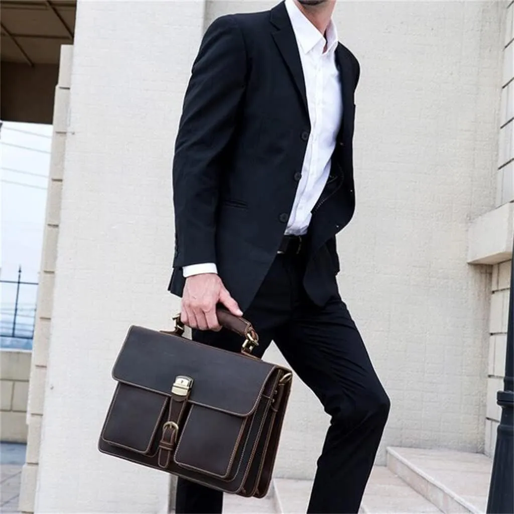 Men's Leather Briefcase Europe and The United States Retro Handbag Compartment Shoulder Bag(E)