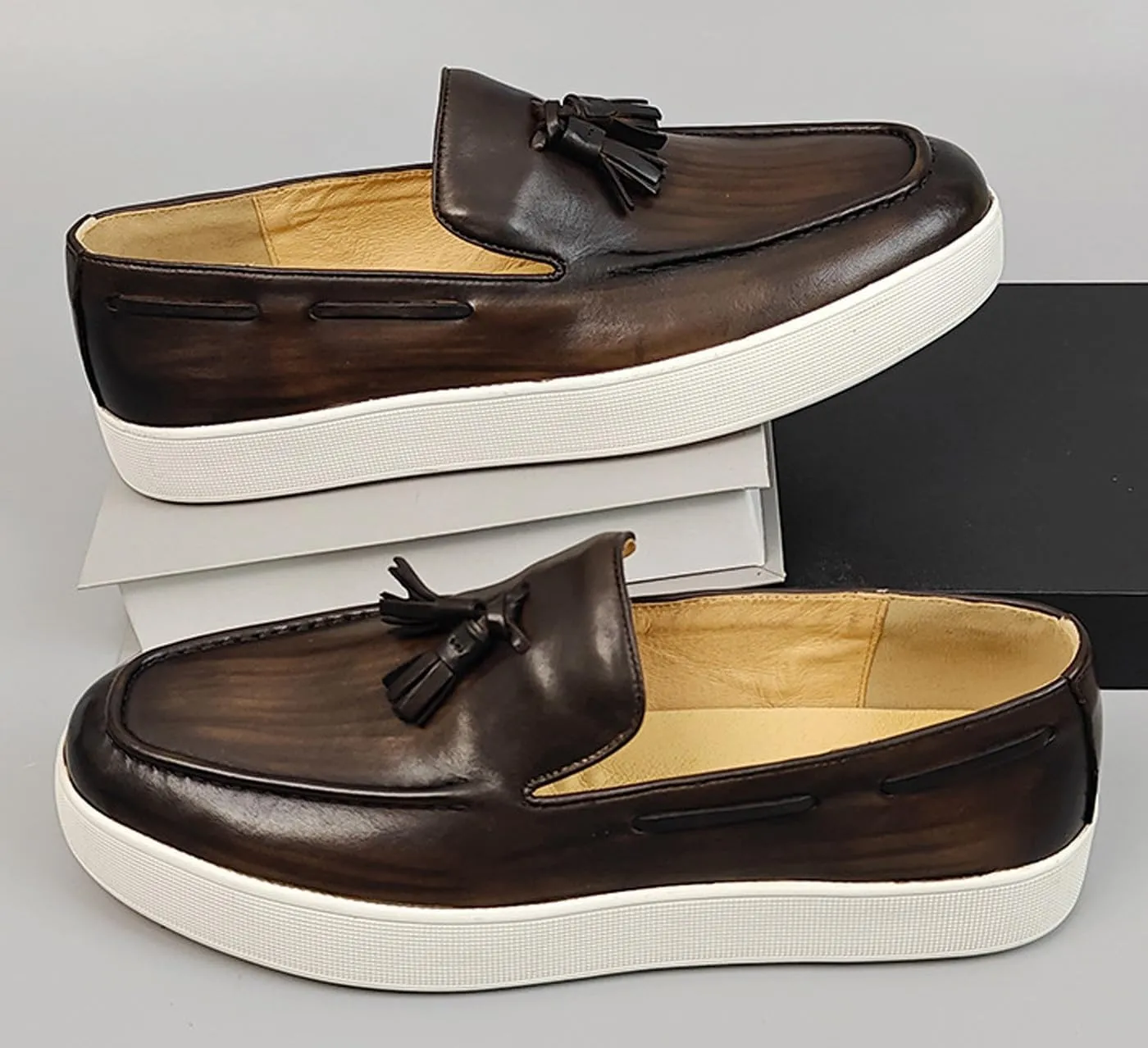 Men’s Leather Penny Loafers with Tassels – Stylish Slip-On Dress Casual Shoes, Classic & Comfortable for Business, Weddings, and Casual Wear