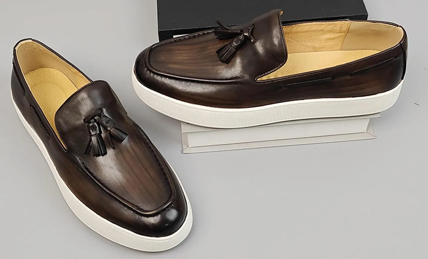 Men’s Leather Penny Loafers with Tassels – Stylish Slip-On Dress Casual Shoes, Classic & Comfortable for Business, Weddings, and Casual Wear