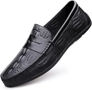Men's Loafers Round Toe Vegan Leather Crocodile Print Penny Loafers Slip Resistant Flat Heel Flexible Fashion Wedding Slip-on