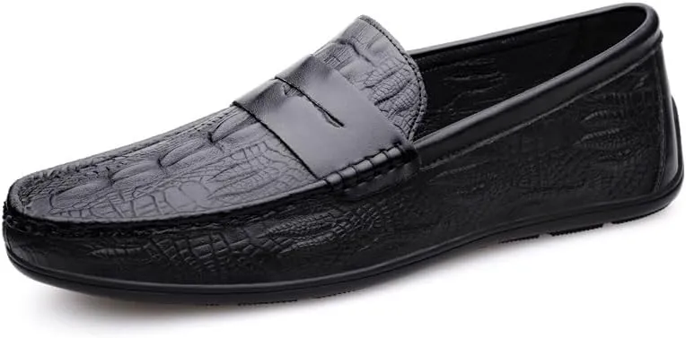 Men's Loafers Round Toe Vegan Leather Crocodile Print Penny Loafers Slip Resistant Flat Heel Flexible Fashion Wedding Slip-on