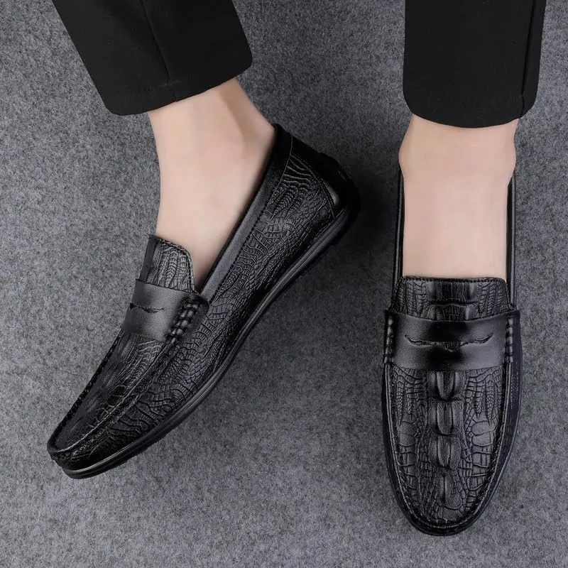 Men's Loafers Round Toe Vegan Leather Crocodile Print Penny Loafers Slip Resistant Flat Heel Flexible Fashion Wedding Slip-on