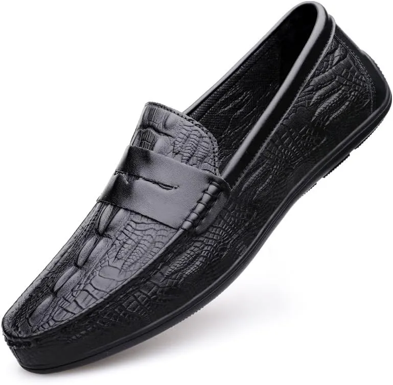Men's Loafers Round Toe Vegan Leather Crocodile Print Penny Loafers Slip Resistant Flat Heel Flexible Fashion Wedding Slip-on