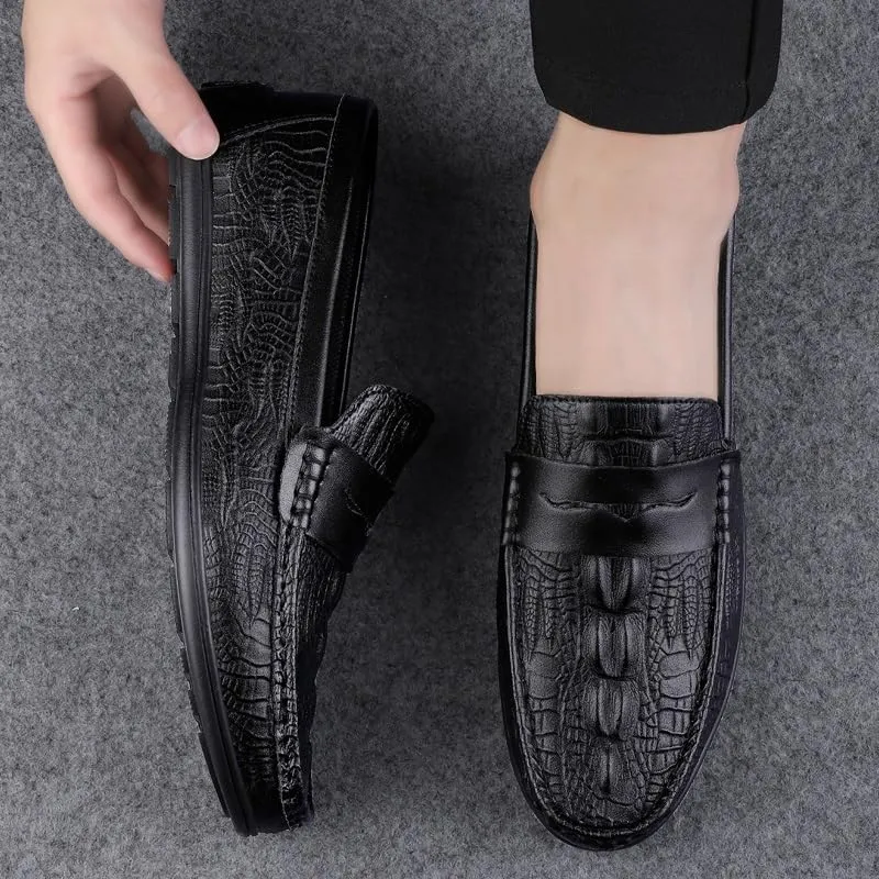 Men's Loafers Round Toe Vegan Leather Crocodile Print Penny Loafers Slip Resistant Flat Heel Flexible Fashion Wedding Slip-on