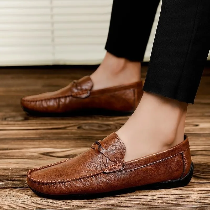 Men's Moccasins Shoe Vegan Leather Business Wedding Round Toe Solid Color Non Slip Low Top Block Heel Anti-Slip Uniform Slip-on