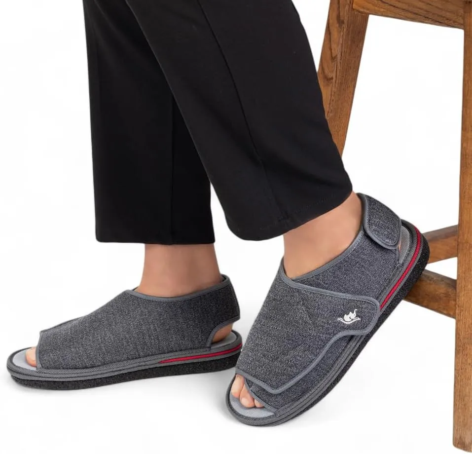 Men's Open Toe Foam Wide Diabetic Slippers Hook & Loop Closure Non-Slip Rubber Sole Flexible Orthotic Slippers Indoor/Outdoor Adjustable Soft Breathable
