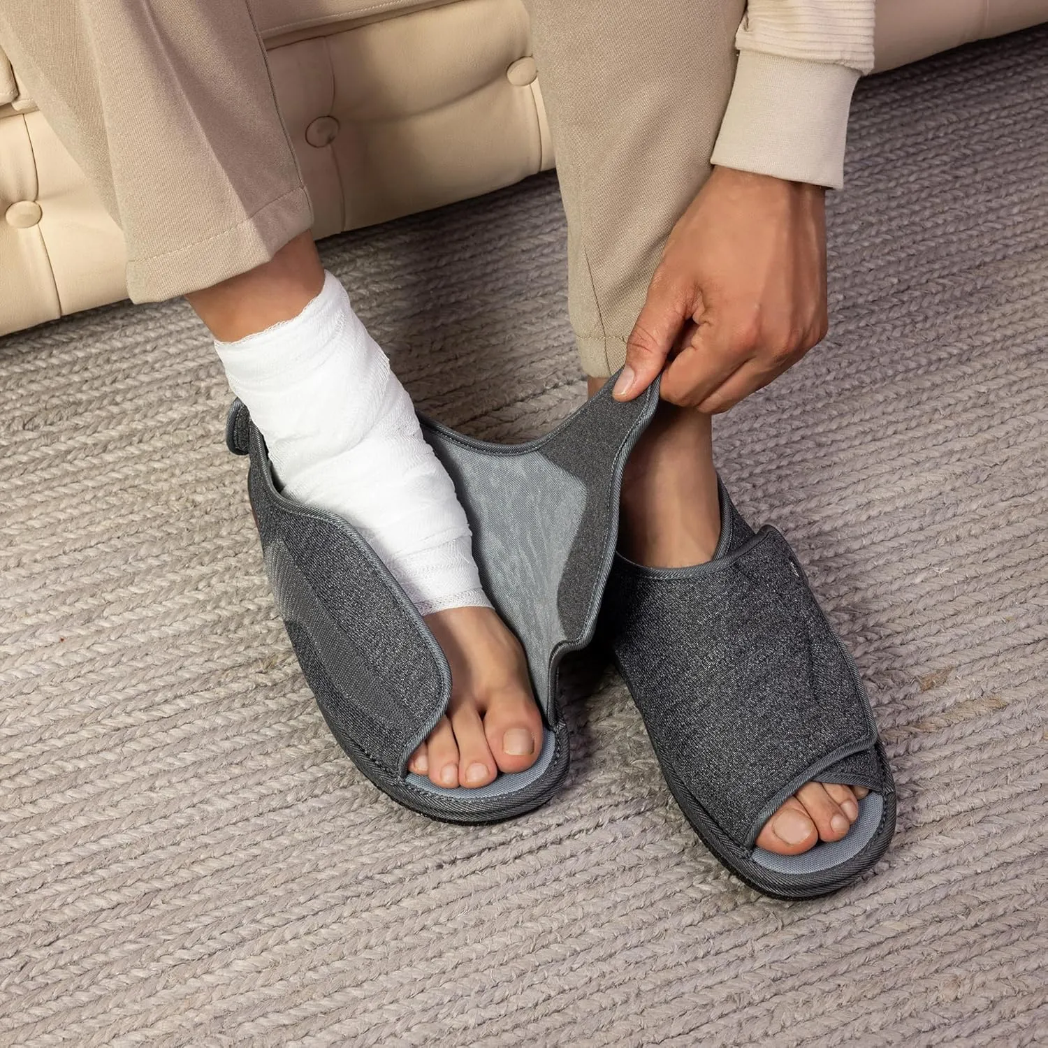 Men's Open Toe Foam Wide Diabetic Slippers Hook & Loop Closure Non-Slip Rubber Sole Flexible Orthotic Slippers Indoor/Outdoor Adjustable Soft Breathable