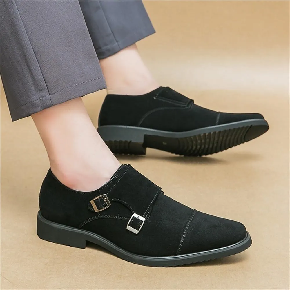 Mens Stylish Black Leather Monk Shoes Frosted Suede Double Buckle Handmade Slip On Oxford Low Top Non Slip Walking