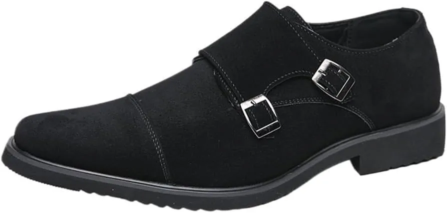 Mens Stylish Black Leather Monk Shoes Frosted Suede Double Buckle Handmade Slip On Oxford Low Top Non Slip Walking