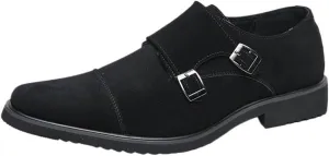 Mens Stylish Black Leather Monk Shoes Frosted Suede Double Buckle Handmade Slip On Oxford Low Top Non Slip Walking