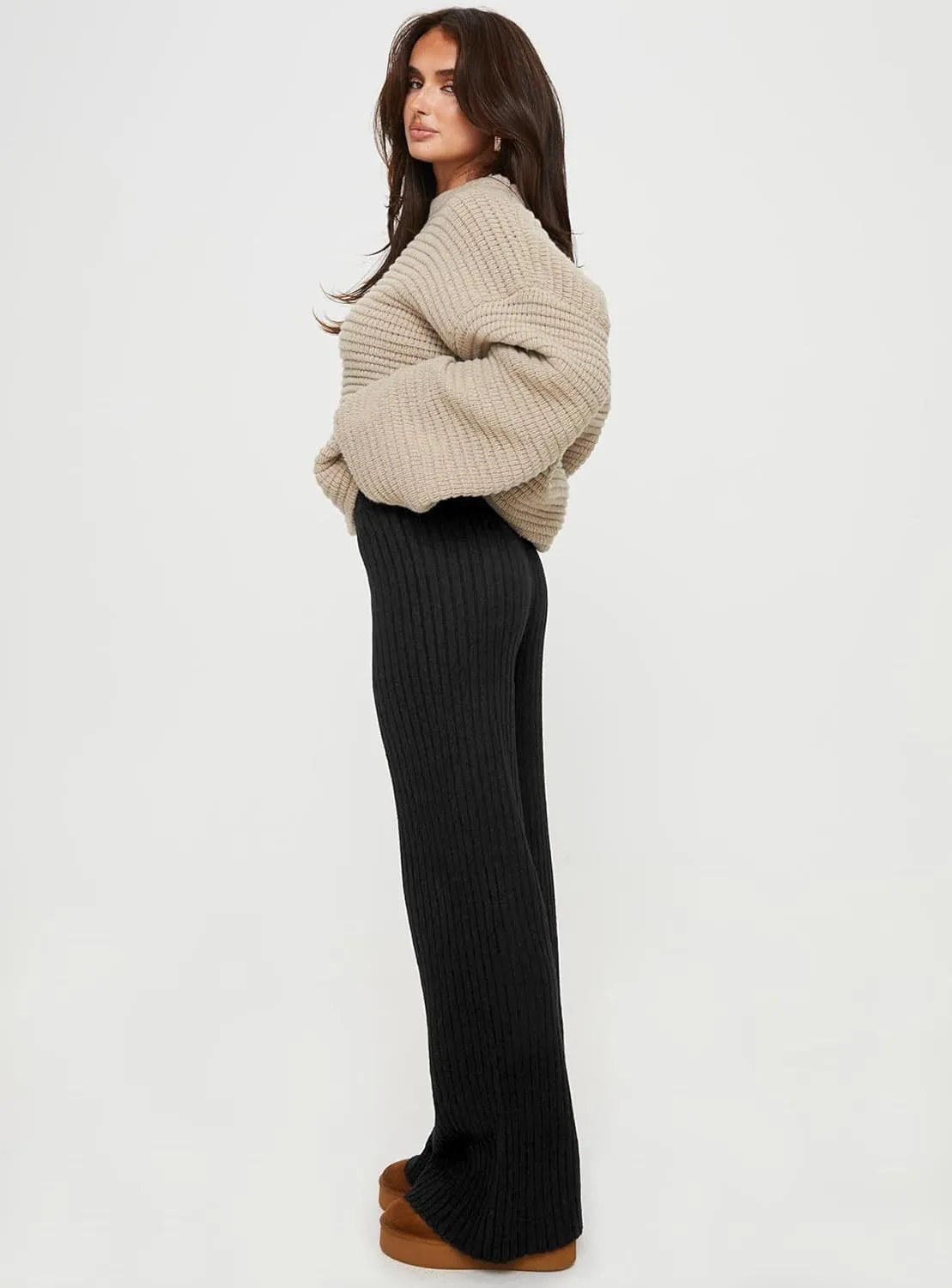 miduo Womens Ribbed Knit Wide Leg Pants Elastic Waist Straight Leg Palazzo Loose Fit Pants Trousers