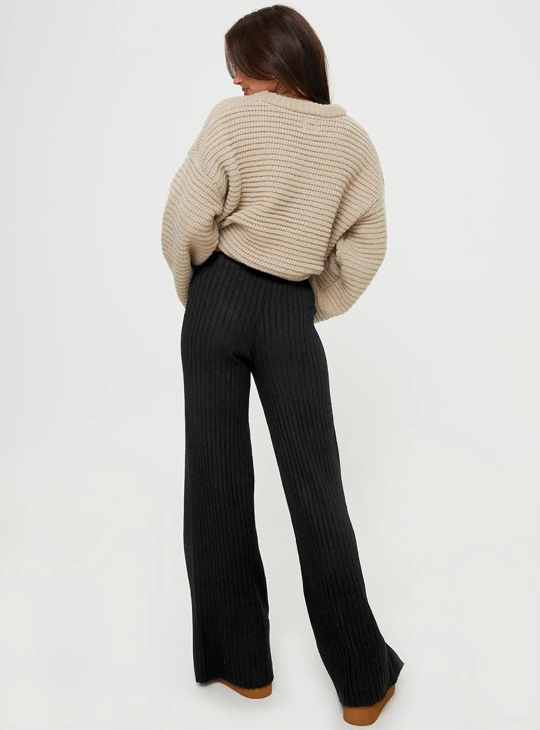 miduo Womens Ribbed Knit Wide Leg Pants Elastic Waist Straight Leg Palazzo Loose Fit Pants Trousers