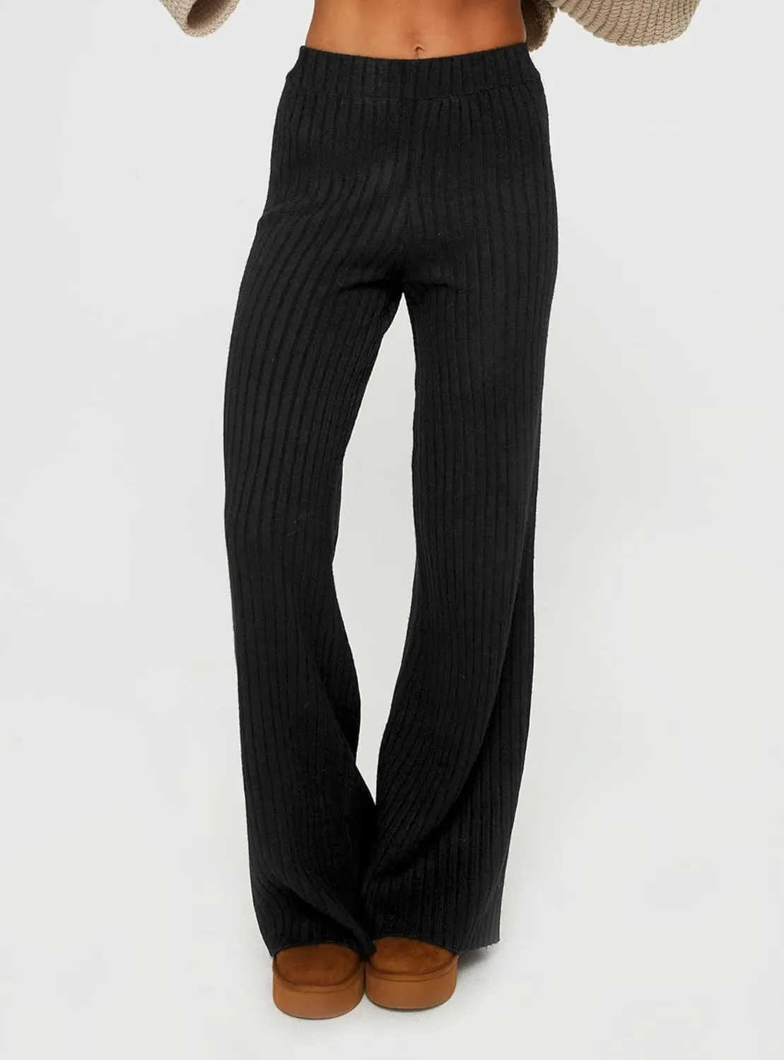 miduo Womens Ribbed Knit Wide Leg Pants Elastic Waist Straight Leg Palazzo Loose Fit Pants Trousers