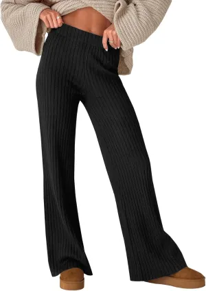 miduo Womens Ribbed Knit Wide Leg Pants Elastic Waist Straight Leg Palazzo Loose Fit Pants Trousers