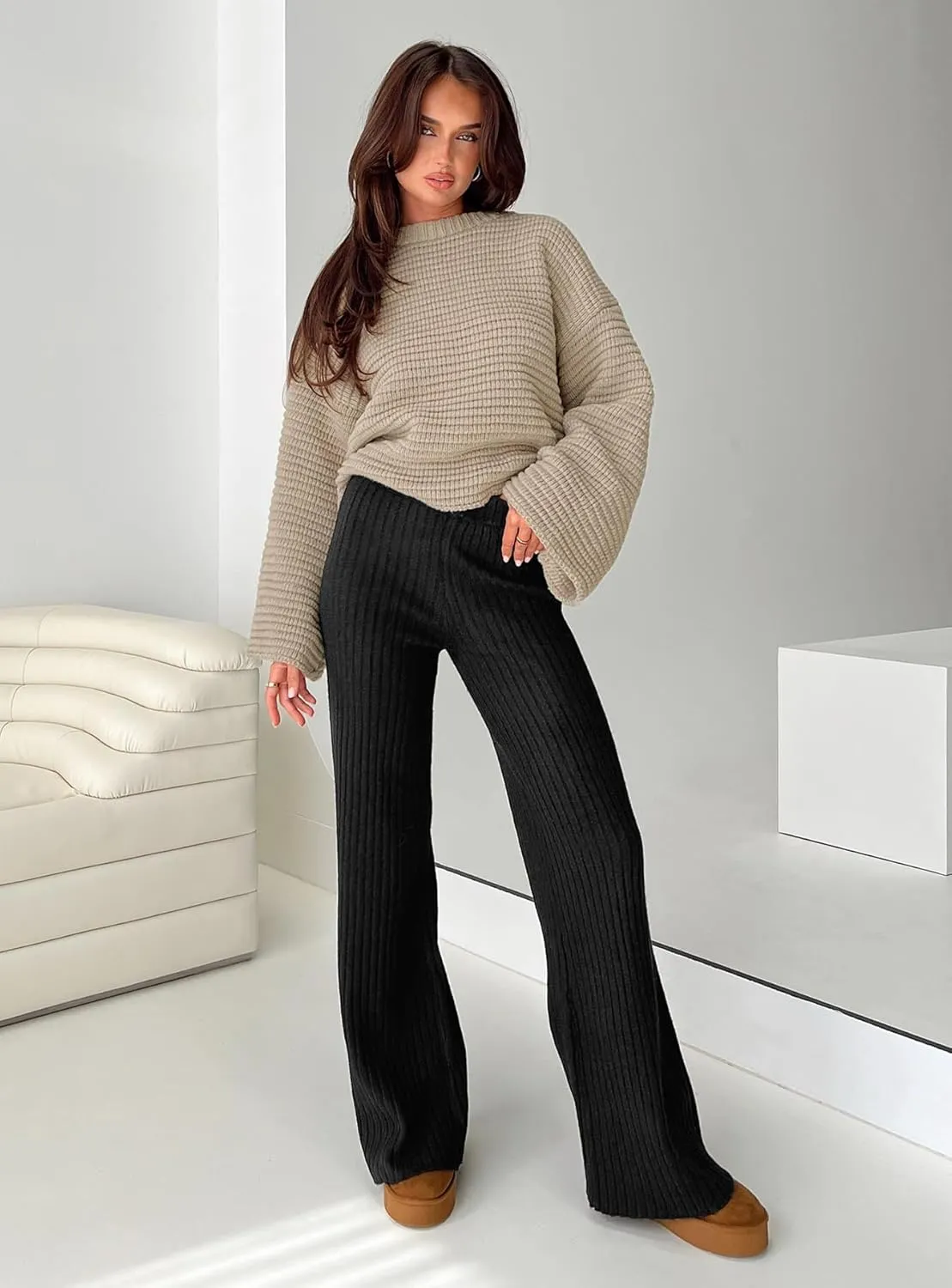 miduo Womens Ribbed Knit Wide Leg Pants Elastic Waist Straight Leg Palazzo Loose Fit Pants Trousers