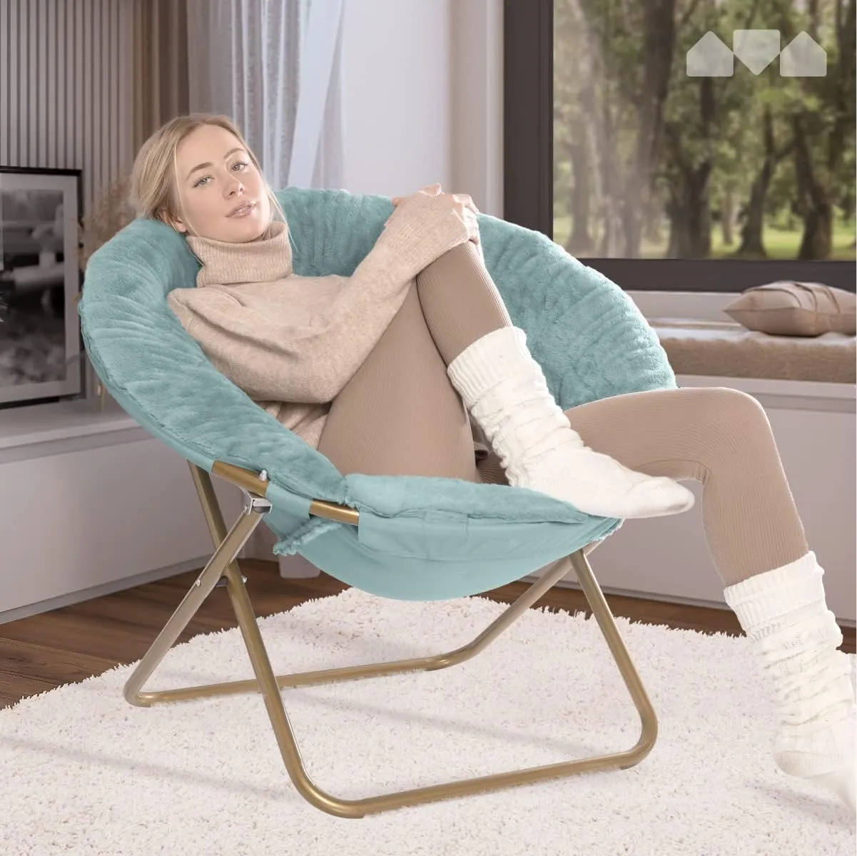 Milliard Saucer Chair For Adults, Teens & Kids, Blue, Faux Fur XL Circle Chair for Bedroom, Dorm & Gaming, Foldable Comfy Accent Seat for Small Spaces, Folding Moon / Mushroom / Round Oversized Style