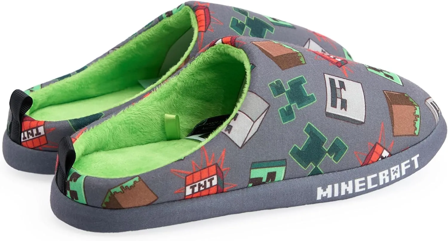 Minecraft Boys Grey Slip On Loafer Slippers | Character All Over Print Design Comfortable Gaming Theme Indoor Shoes for Kids