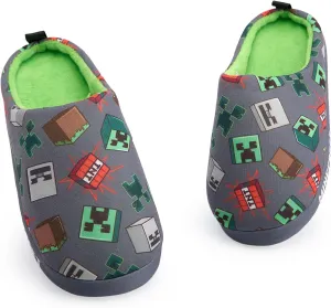Minecraft Boys Grey Slip On Loafer Slippers | Character All Over Print Design Comfortable Gaming Theme Indoor Shoes for Kids