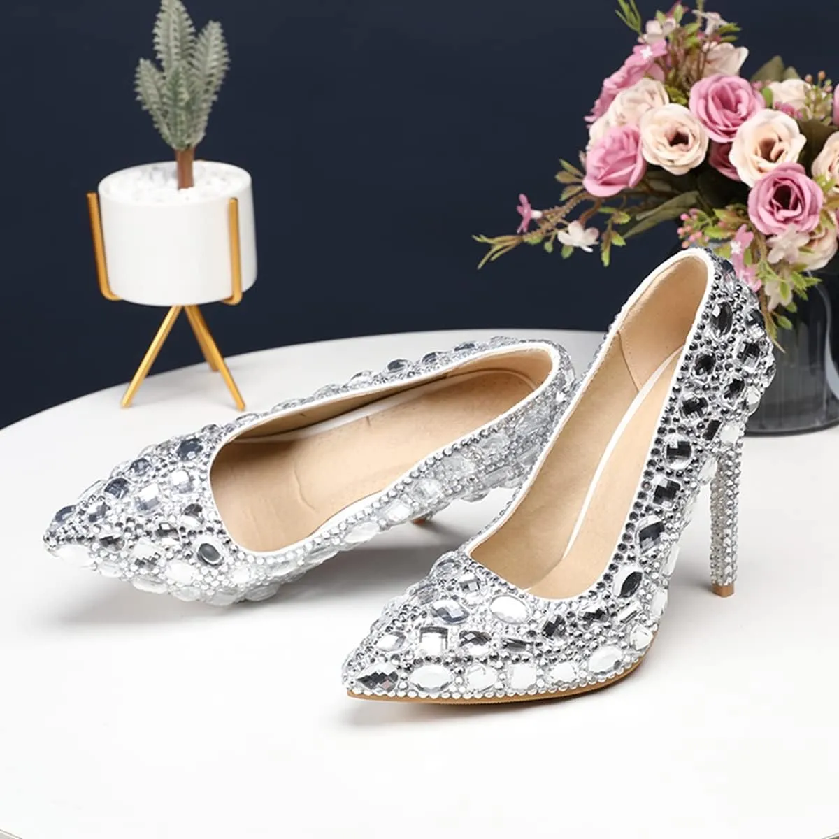 Minishion Rhinestone Wedding Shoes for Women Slip on Party Evening Pumps