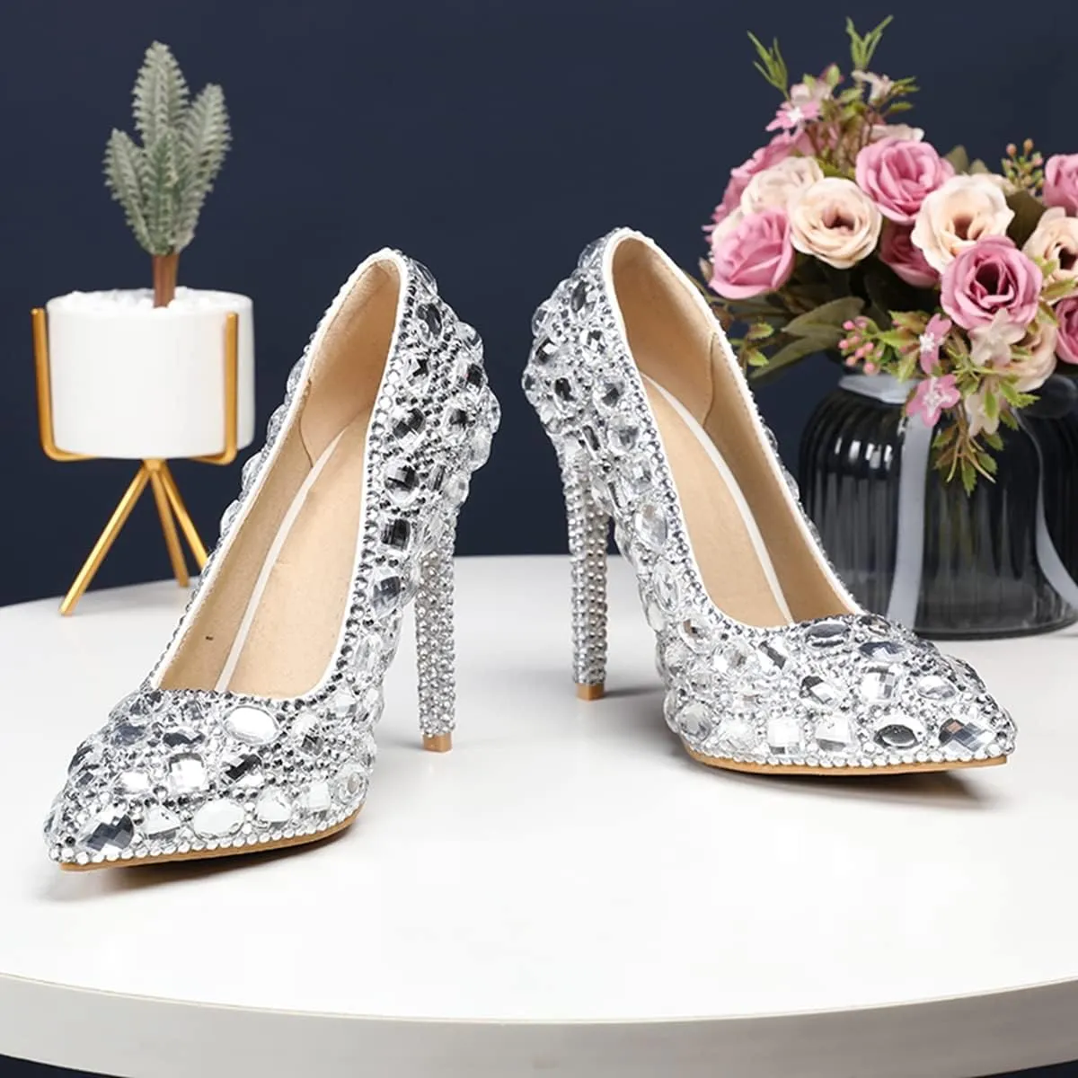 Minishion Rhinestone Wedding Shoes for Women Slip on Party Evening Pumps