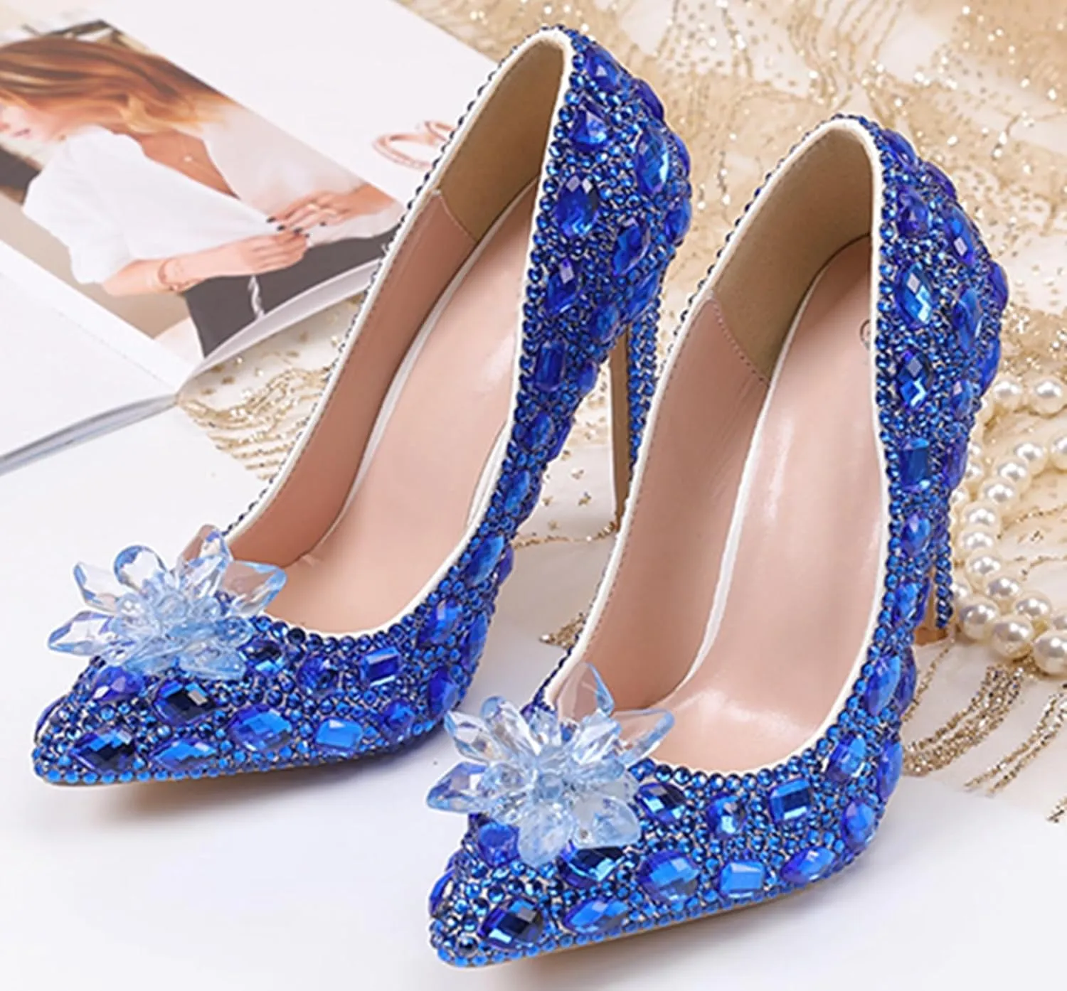 Minishion Rhinestone Wedding Shoes for Women Slip on Party Evening Pumps