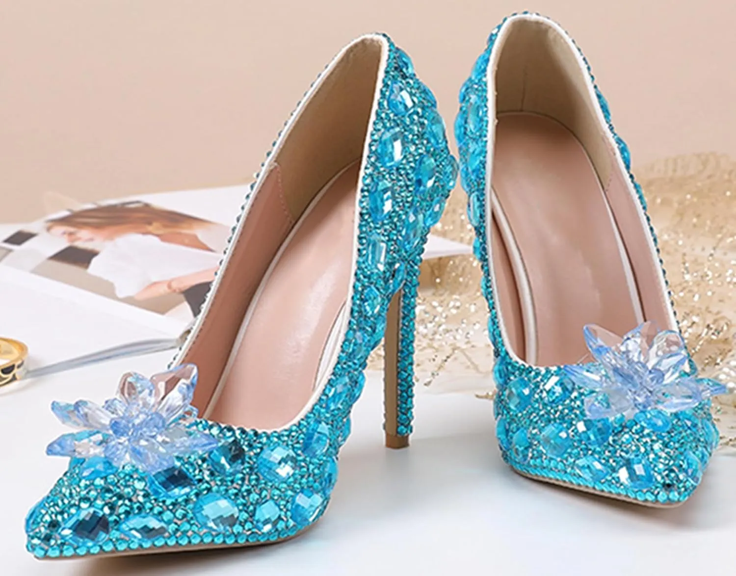Minishion Rhinestone Wedding Shoes for Women Slip on Party Evening Pumps