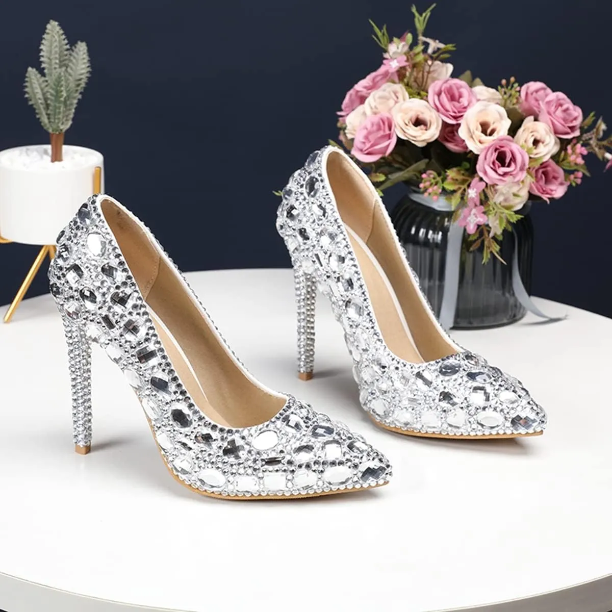 Minishion Rhinestone Wedding Shoes for Women Slip on Party Evening Pumps