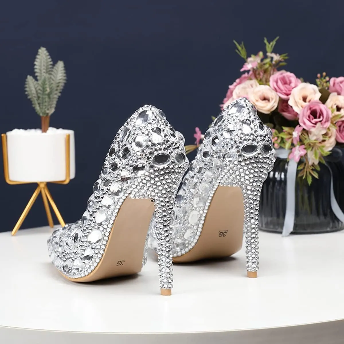 Minishion Rhinestone Wedding Shoes for Women Slip on Party Evening Pumps