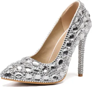 Minishion Rhinestone Wedding Shoes for Women Slip on Party Evening Pumps