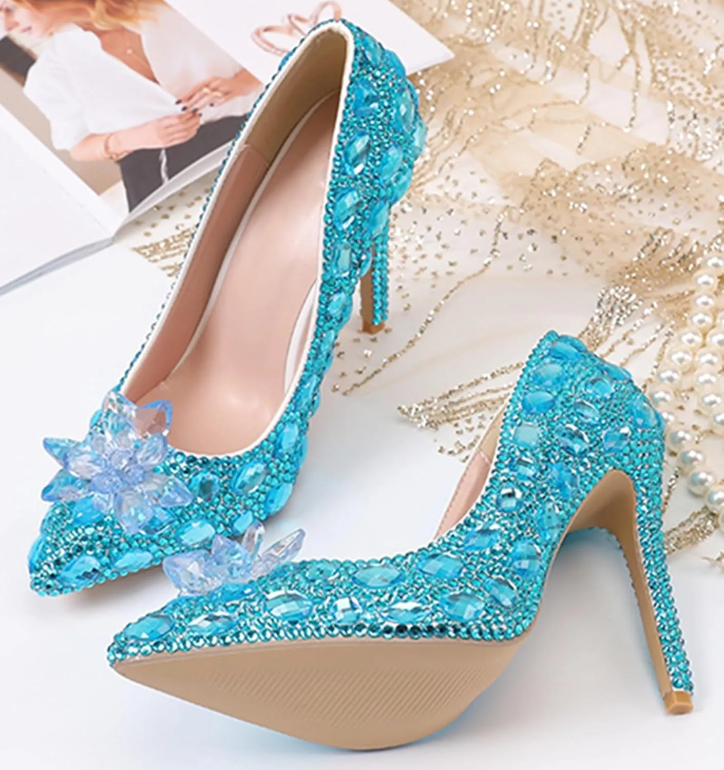 Minishion Rhinestone Wedding Shoes for Women Slip on Party Evening Pumps