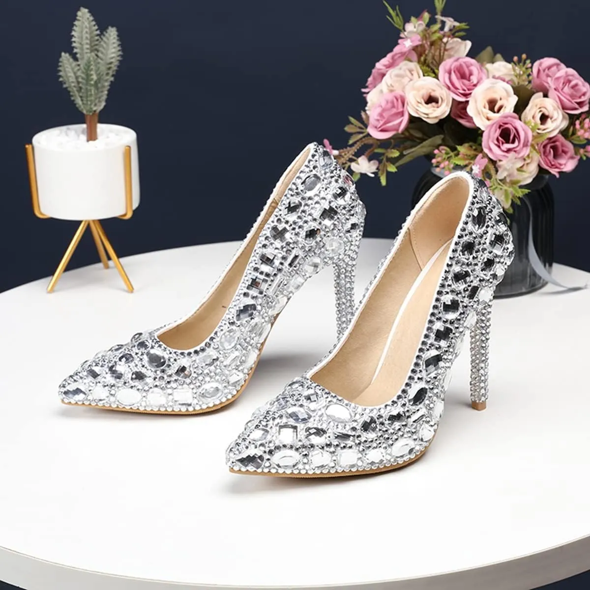 Minishion Rhinestone Wedding Shoes for Women Slip on Party Evening Pumps