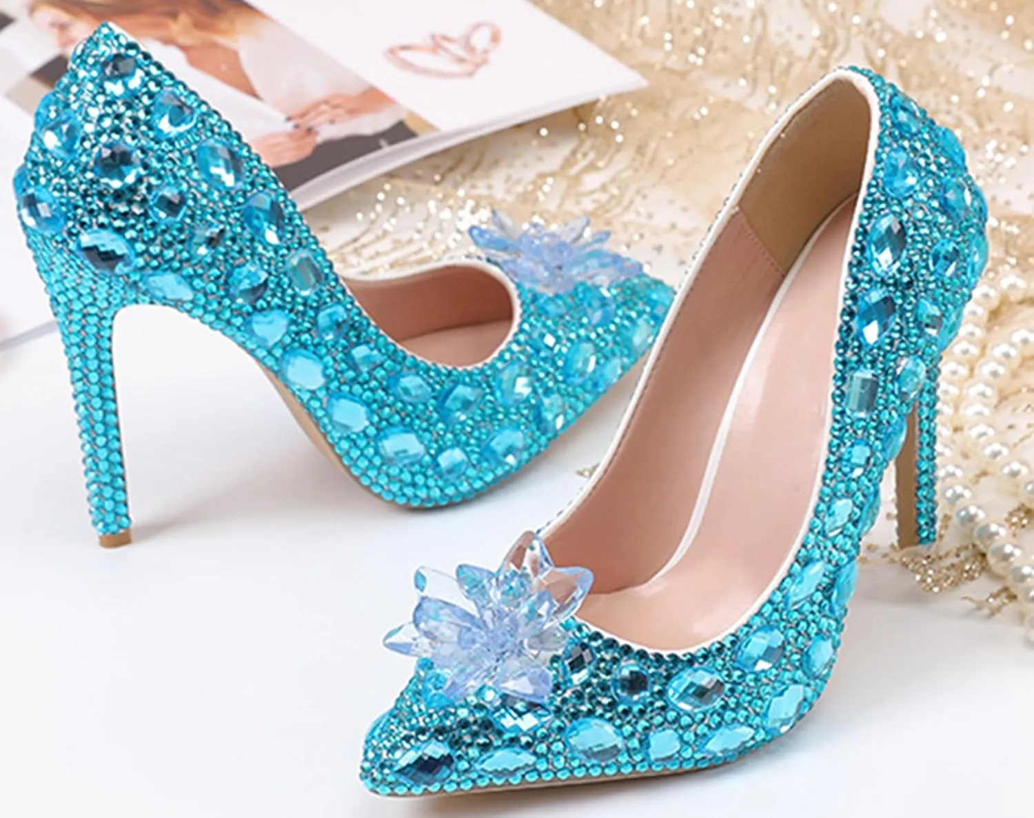 Minishion Rhinestone Wedding Shoes for Women Slip on Party Evening Pumps