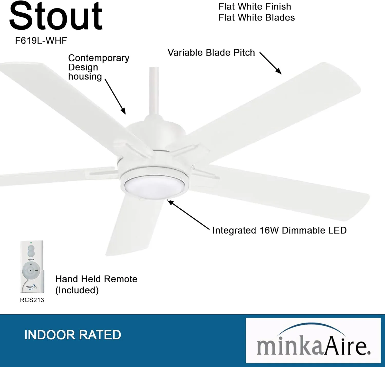 MINKA-AIRE F619L-WHF Stout 54" Ceiling Fan with LED Light and Remote Control in Flat White Finish
