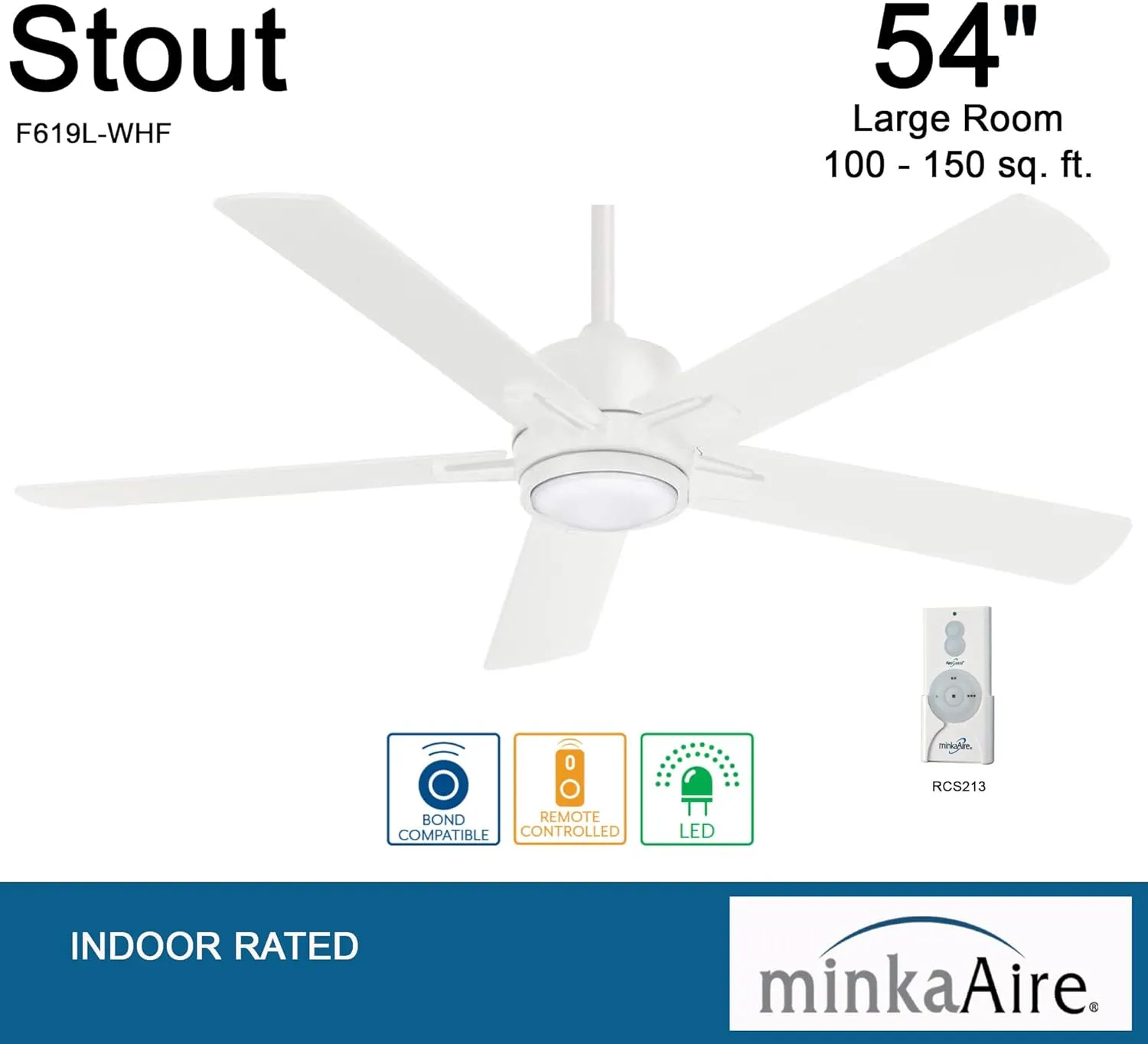 MINKA-AIRE F619L-WHF Stout 54" Ceiling Fan with LED Light and Remote Control in Flat White Finish
