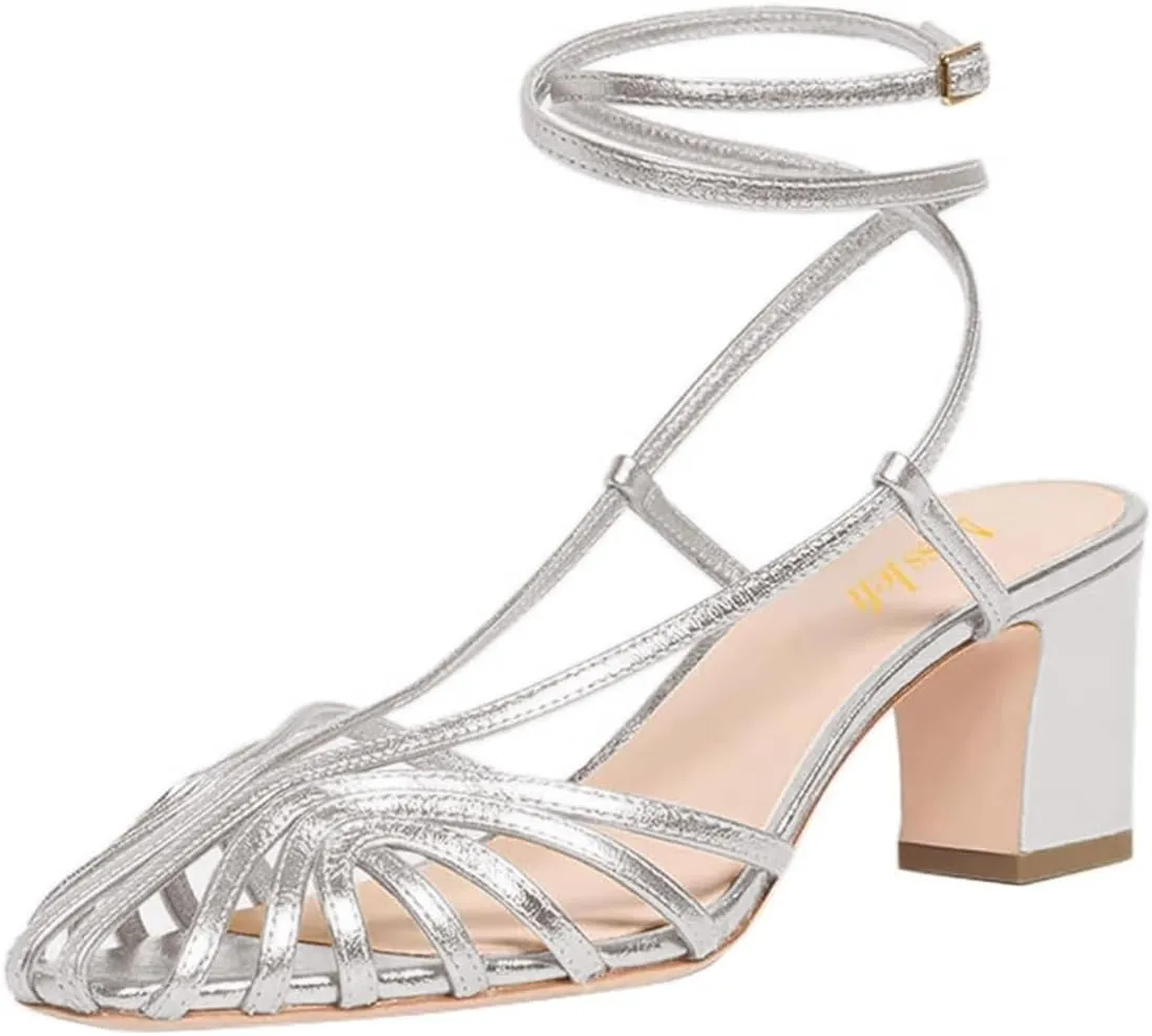 miss left Women Chic Caged Toe Chunky Mid Heel Cutout Sandals Strappy Ankle Strap Buckle Elegant Prom Evening Dress Shoes Size 4-16 US