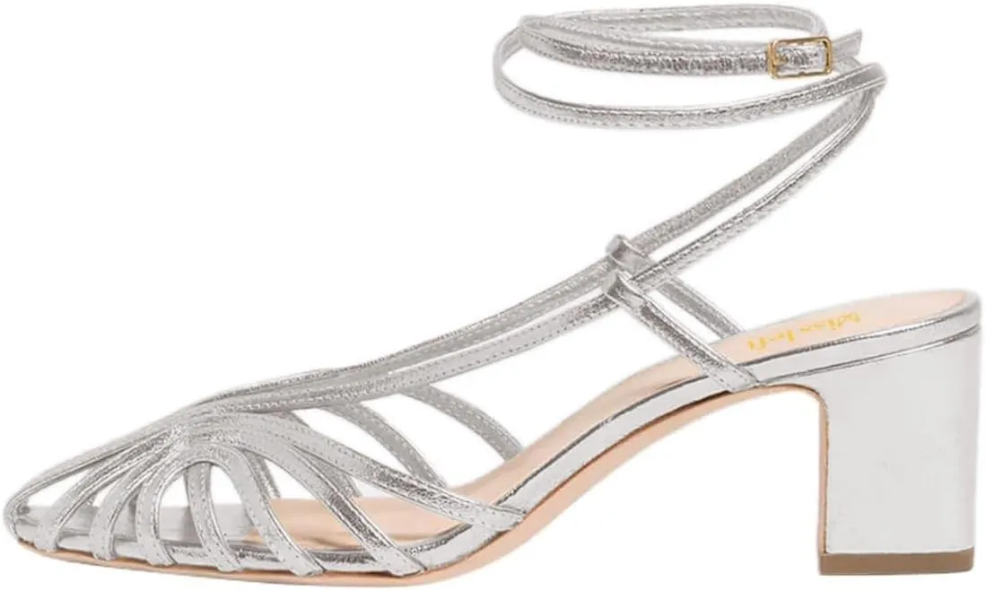 miss left Women Chic Caged Toe Chunky Mid Heel Cutout Sandals Strappy Ankle Strap Buckle Elegant Prom Evening Dress Shoes Size 4-16 US