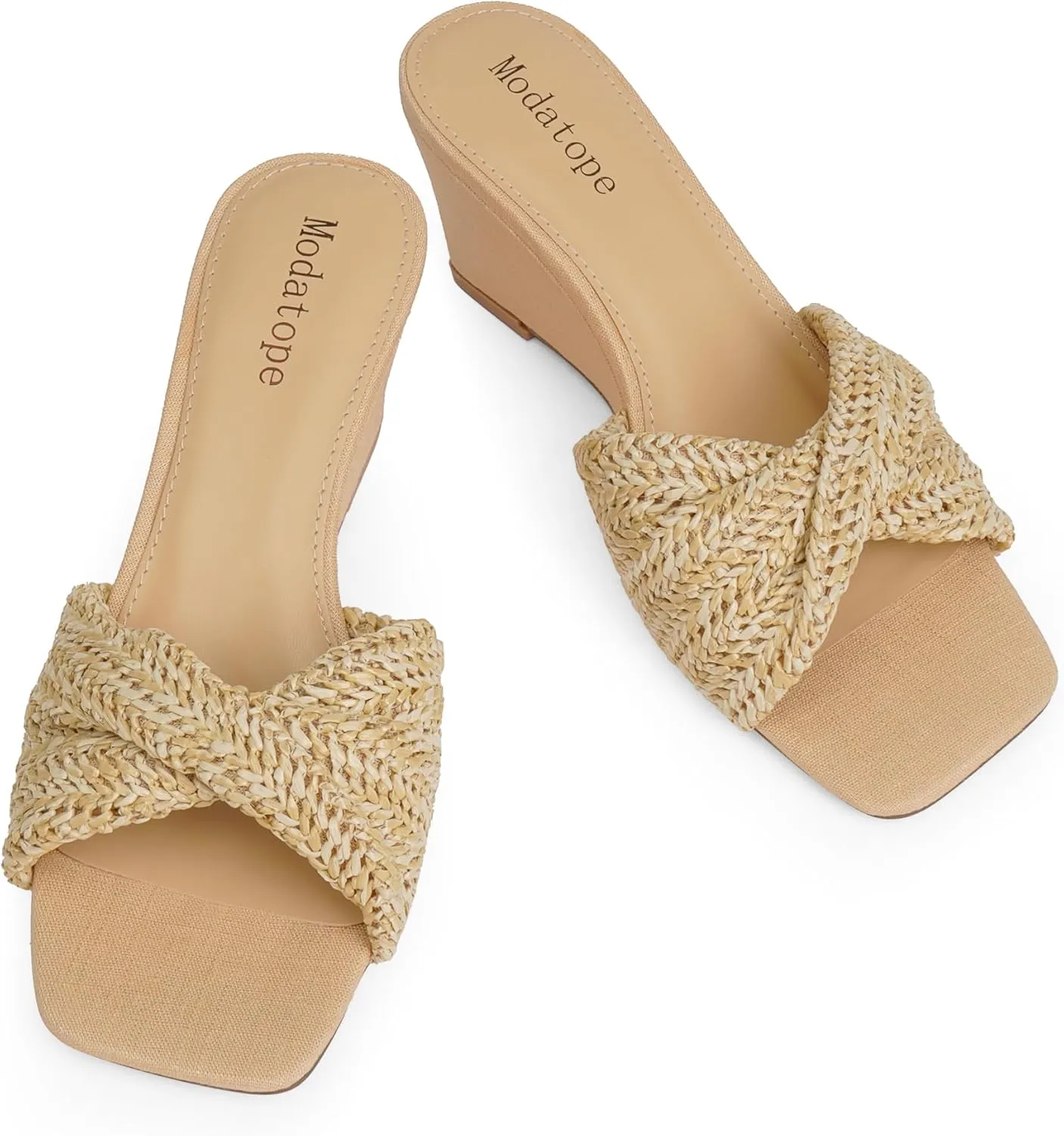 Modatope Wedge Sandals for Women Braided Wedge Heels Square Open Toe Raffia Dressy Womens Sandals
