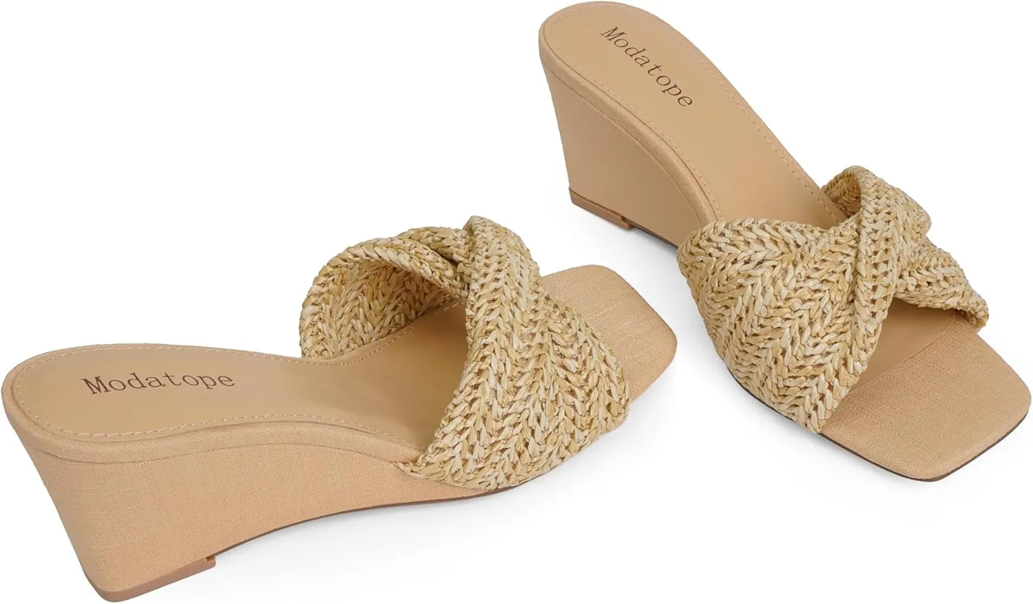 Modatope Wedge Sandals for Women Braided Wedge Heels Square Open Toe Raffia Dressy Womens Sandals