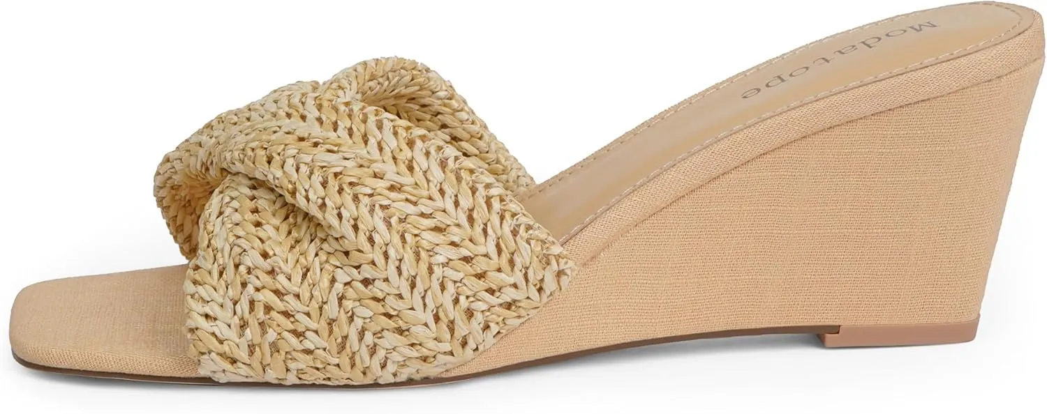 Modatope Wedge Sandals for Women Braided Wedge Heels Square Open Toe Raffia Dressy Womens Sandals