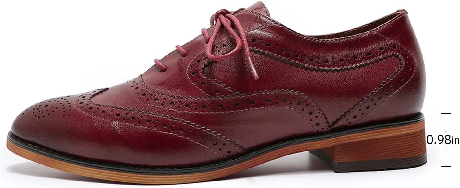 Mona flying Women's Perforated Oxfords Wingtip Brogue Lace up Leather Flat Office Work Shoes for Ladies