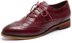 Mona flying Women's Perforated Oxfords Wingtip Brogue Lace up Leather Flat Office Work Shoes for Ladies
