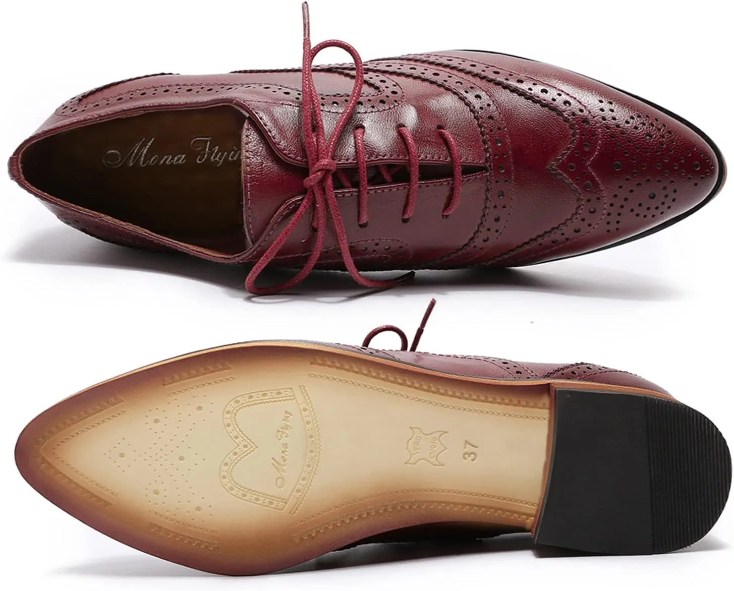 Mona flying Women's Perforated Oxfords Wingtip Brogue Lace up Leather Flat Office Work Shoes for Ladies